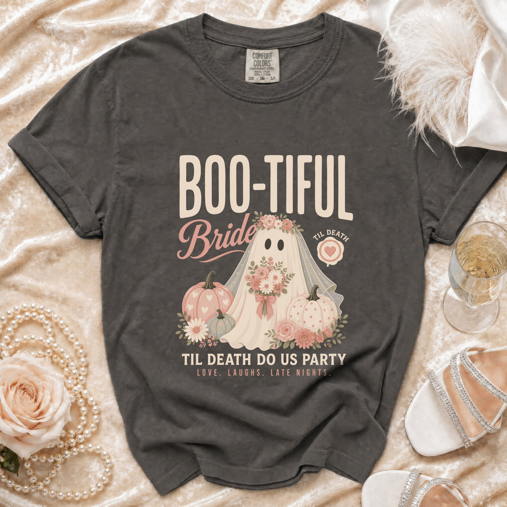 Dark gray t-shirt with "Boo-tiful Bride" ghost graphic and wedding-themed text.