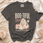 Dark gray t-shirt with "Boo-tiful Bride" ghost graphic and wedding-themed text.