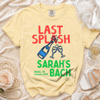Yellow t-shirt with "Last Splash Sarah's Bach Malibu, Ca Summer 2026" text and graphics.