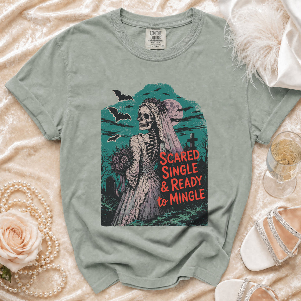 Skeleton bride graphic tee with text "Scared Single & Ready to Mingle".