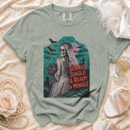 Skeleton bride graphic tee with text "Scared Single & Ready to Mingle".