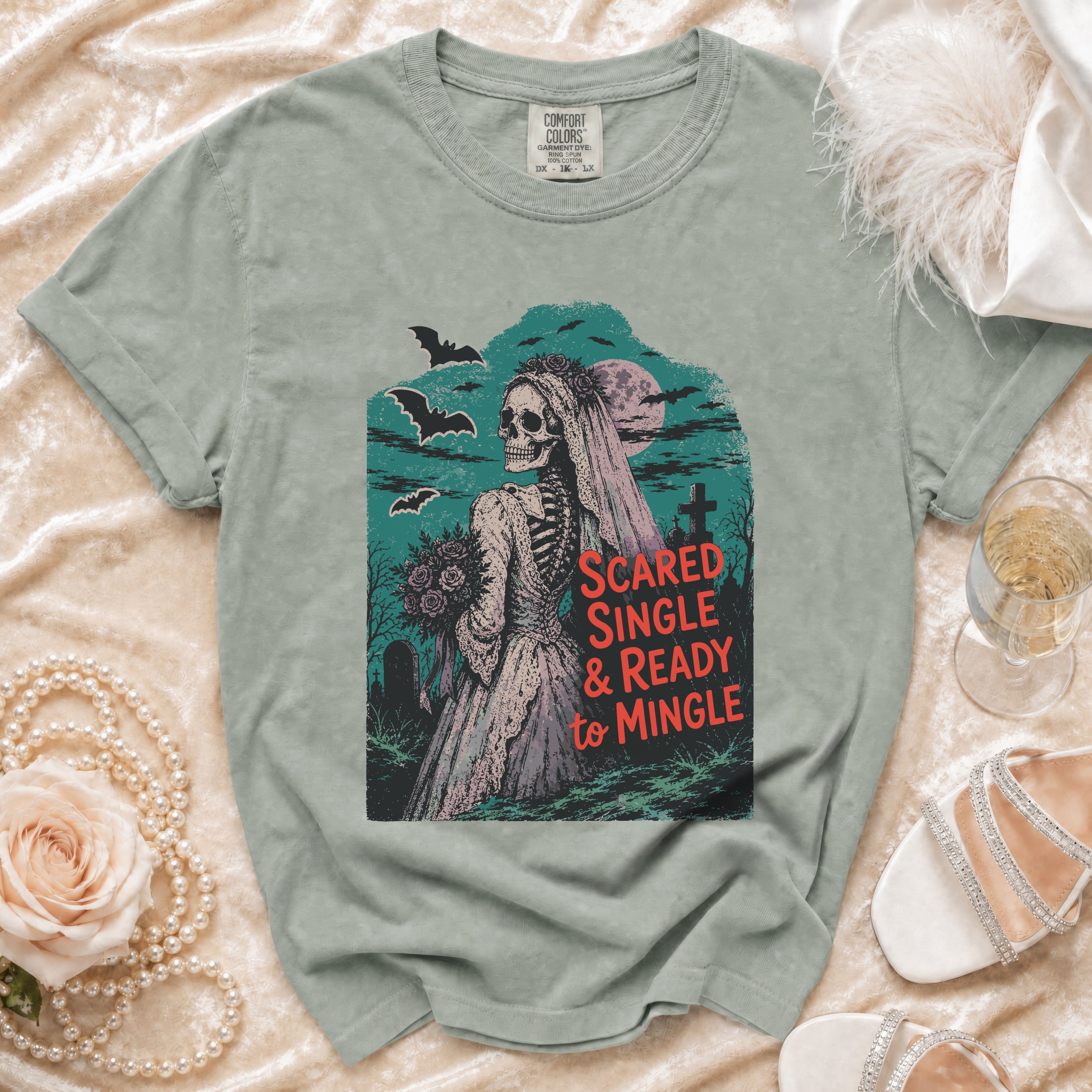 Skeleton bride graphic tee with text "Scared Single & Ready to Mingle".