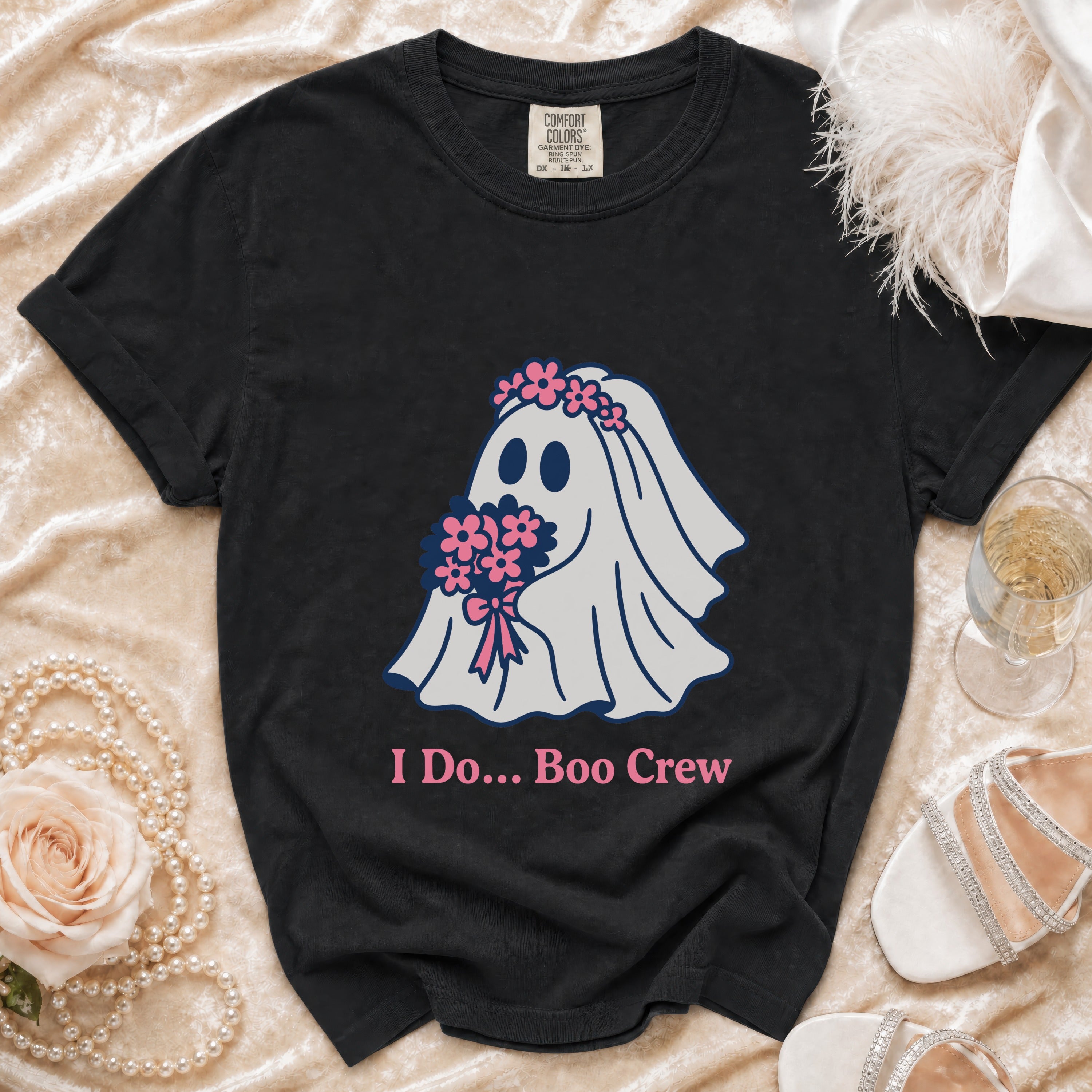 Black t-shirt with ghost bride graphic and "I Do... Boo Crew" text.