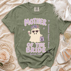 Green t-shirt with "Mother of the Bride Social Club" text and a ghost graphic.