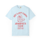 Light blue t-shirt with "Her Last Rodeo" text, cowboy boots, and lasso graphic.