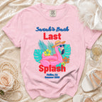Pink t-shirt with "Sarah's Bach Last Splash Malibu, CA Summer 2026".