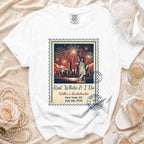 White t-shirt with a stamp graphic featuring the Statue of Liberty and fireworks for a bachelorette party.