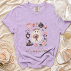 Lavender Comfort Colors t-shirt with "Til Death Do Us Party" and bridal ghost graphic.
