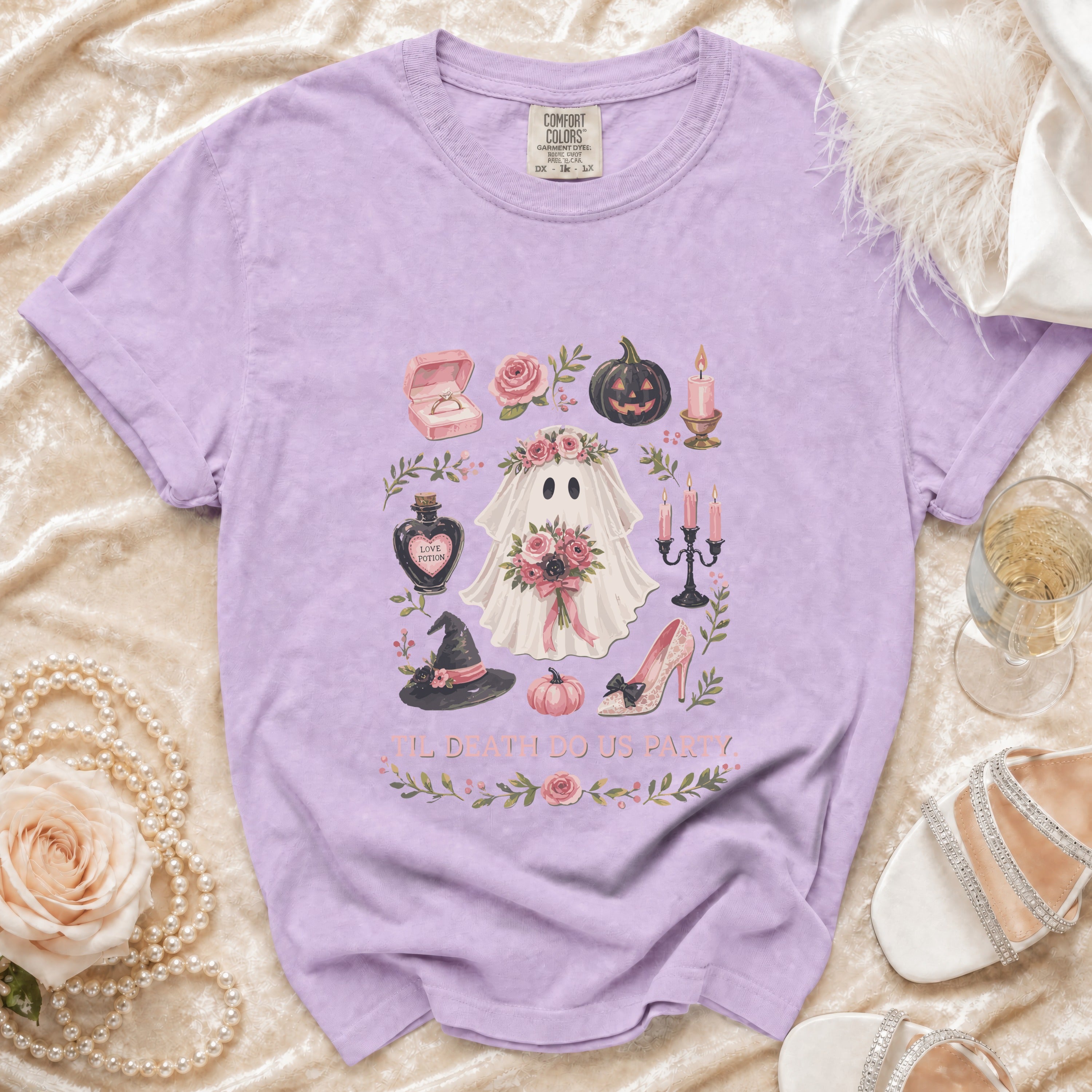 Lavender Comfort Colors t-shirt with "Til Death Do Us Party" and bridal ghost graphic.