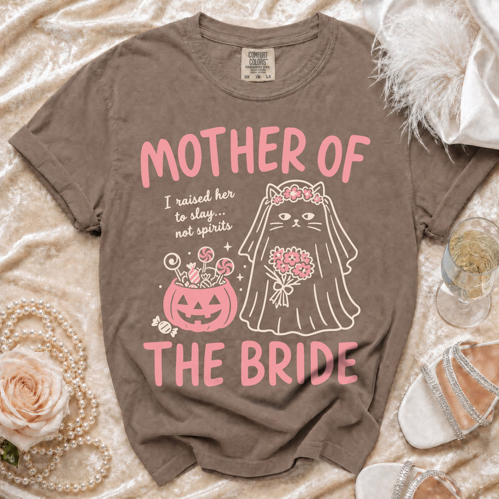 T-shirt with pink text "Mother of the Bride" and cartoon cat bride.
