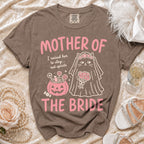 T-shirt with pink text "Mother of the Bride" and cartoon cat bride.