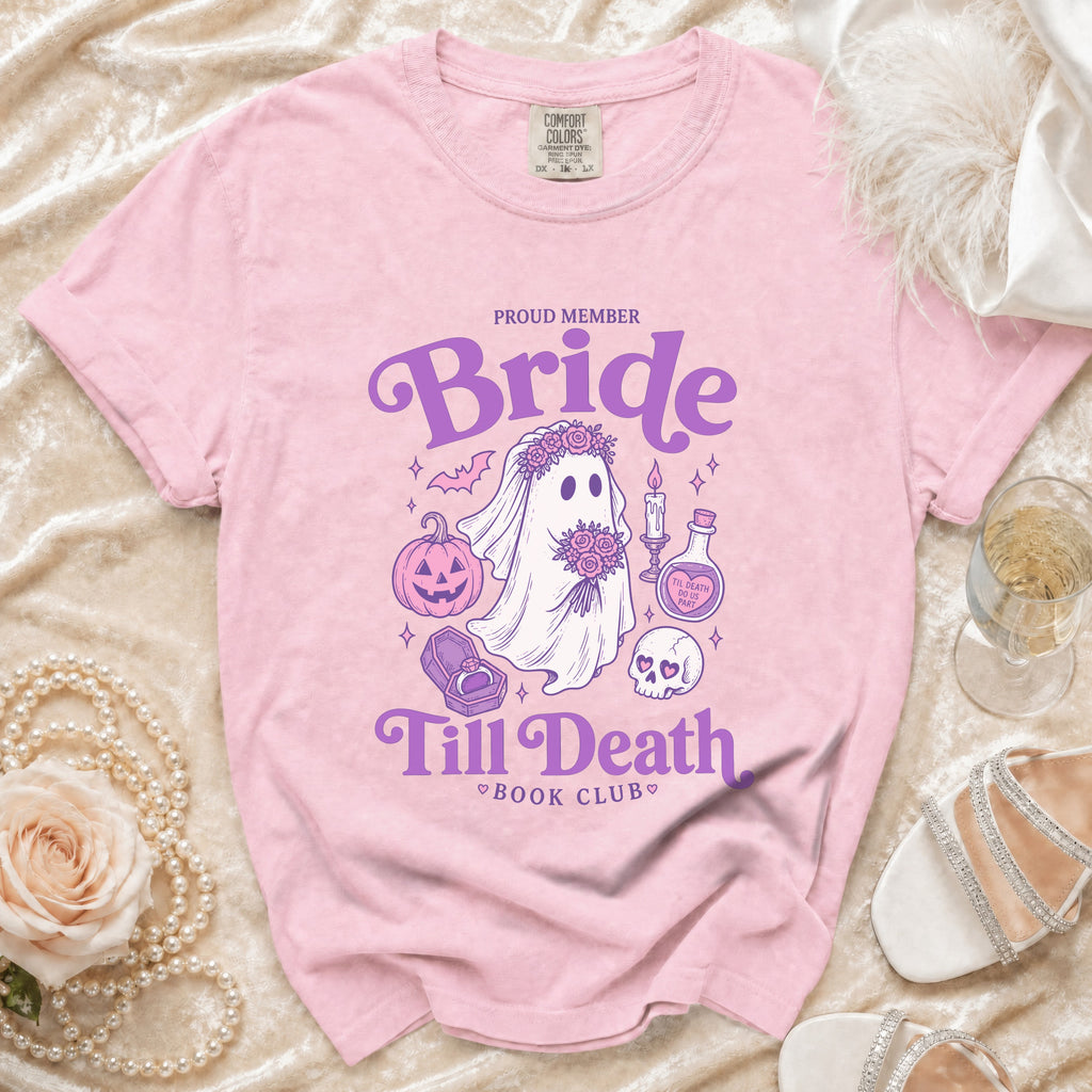 Pink t-shirt with "Proud Member Bride Till Death Book Club" text and ghost graphic.