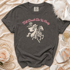 Charcoal t-shirt with "Till Death Do Us Party" and skeleton bride on horse graphic.