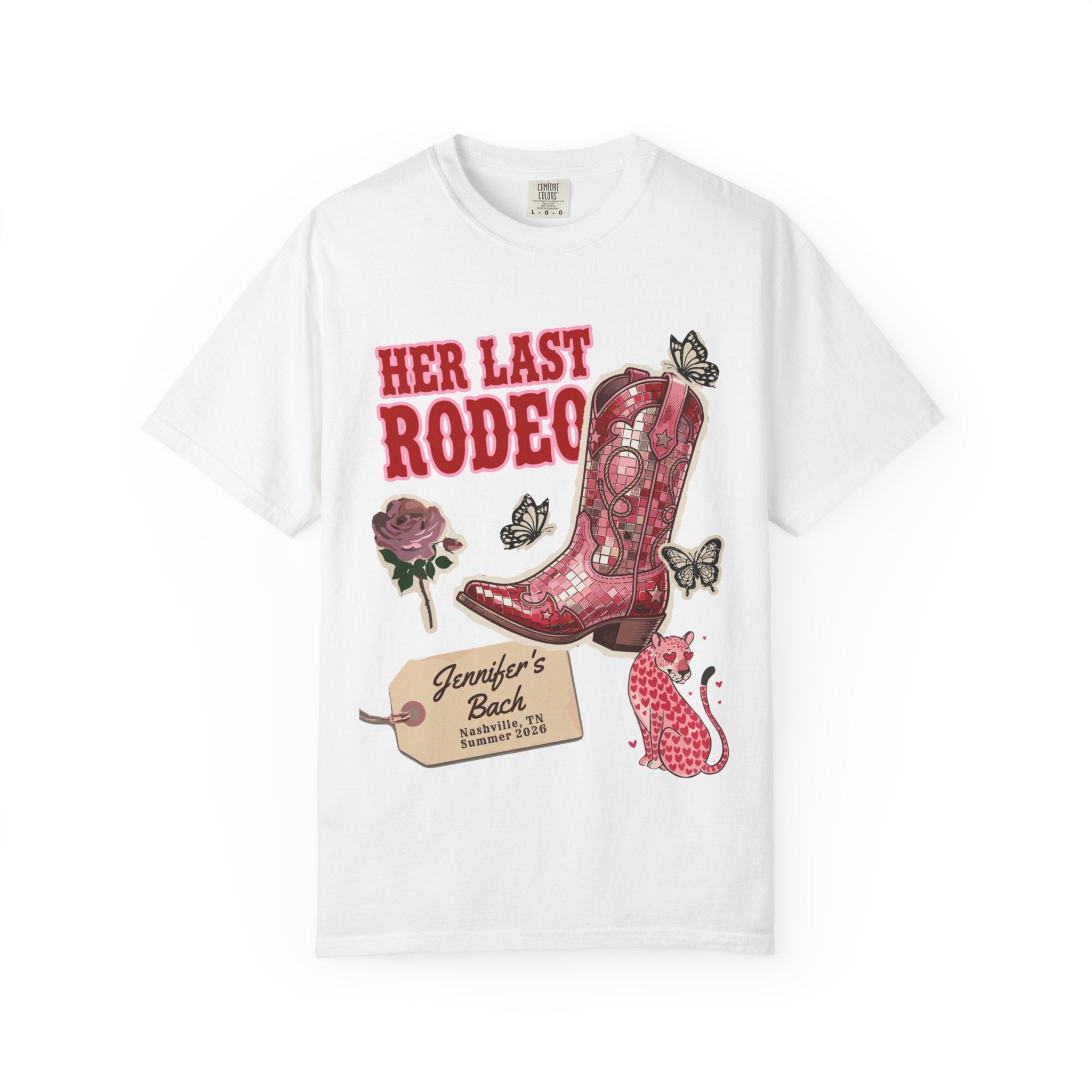 White t-shirt with "Her Last Rodeo" and cowboy boot design.