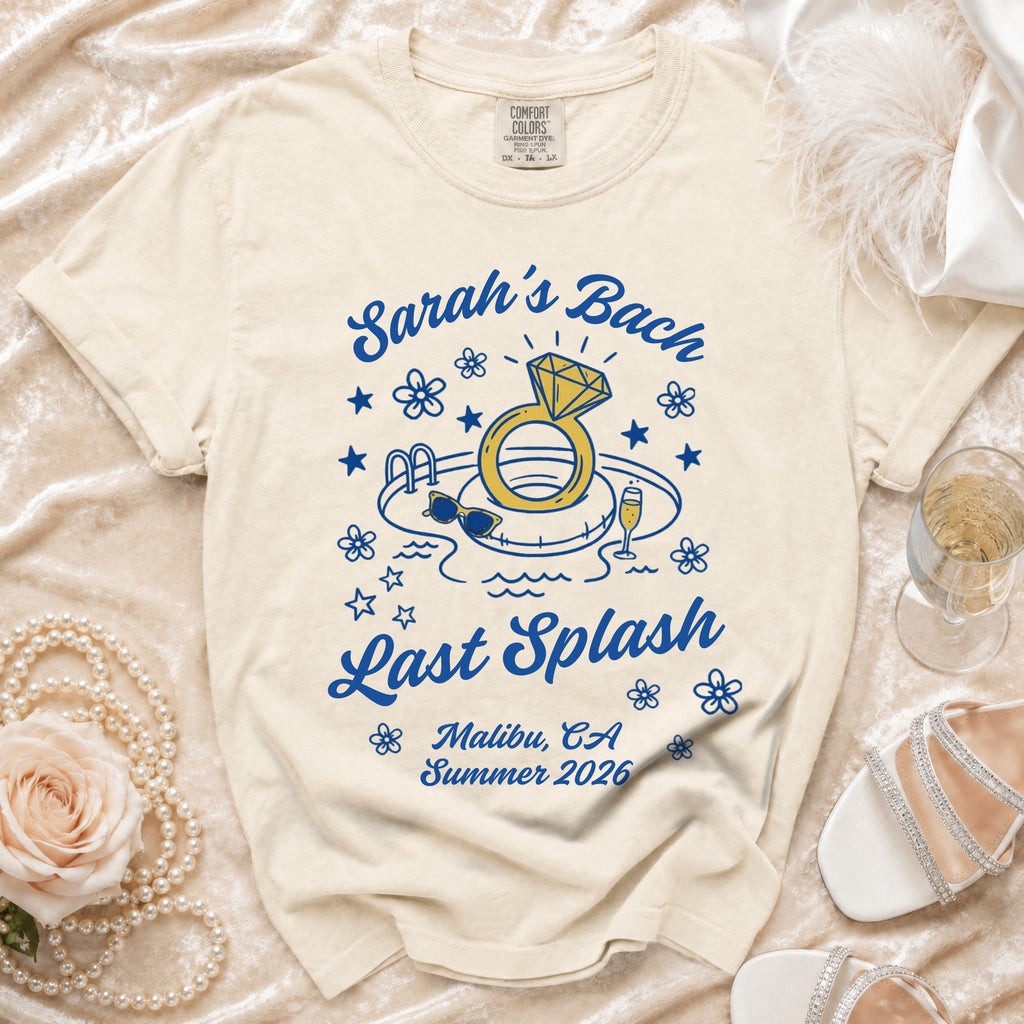 Cream t-shirt with "Sarah's Bach Last Splash Malibu, CA Summer 2026" text and pool icons.
