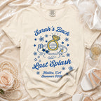 Cream t-shirt with "Sarah's Bach Last Splash Malibu, CA Summer 2026" text and pool icons.