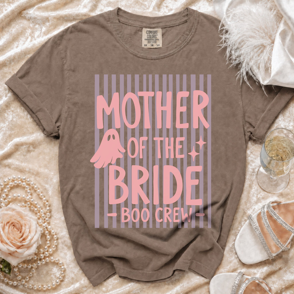 Mother of the Bride Boo Crew graphic t-shirt with ghost and stars.