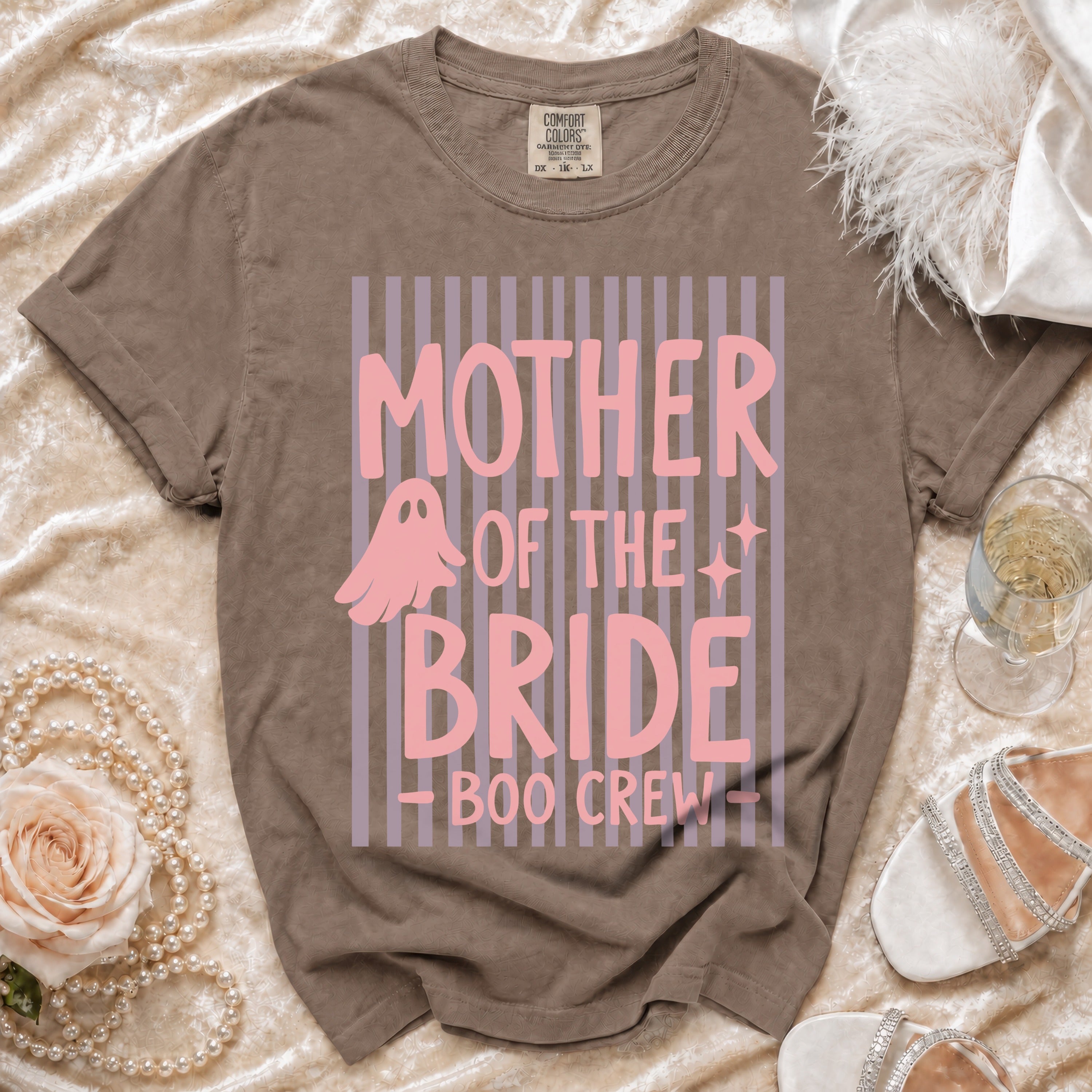 Mother of the Bride Boo Crew graphic t-shirt with ghost and stars.