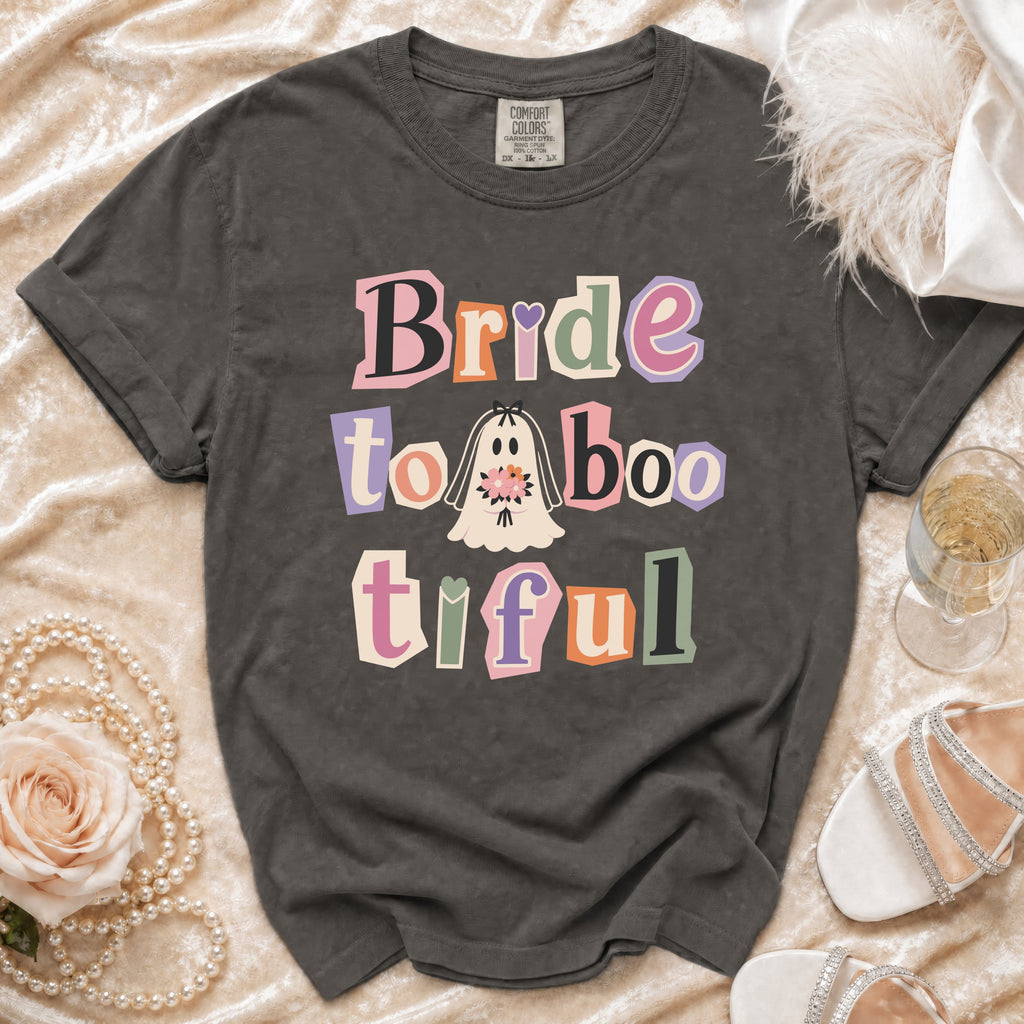 Dark gray t-shirt with "Bride to Boo-tiful" text and a ghost graphic.