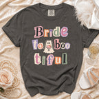 Dark gray t-shirt with "Bride to Boo-tiful" text and a ghost graphic.