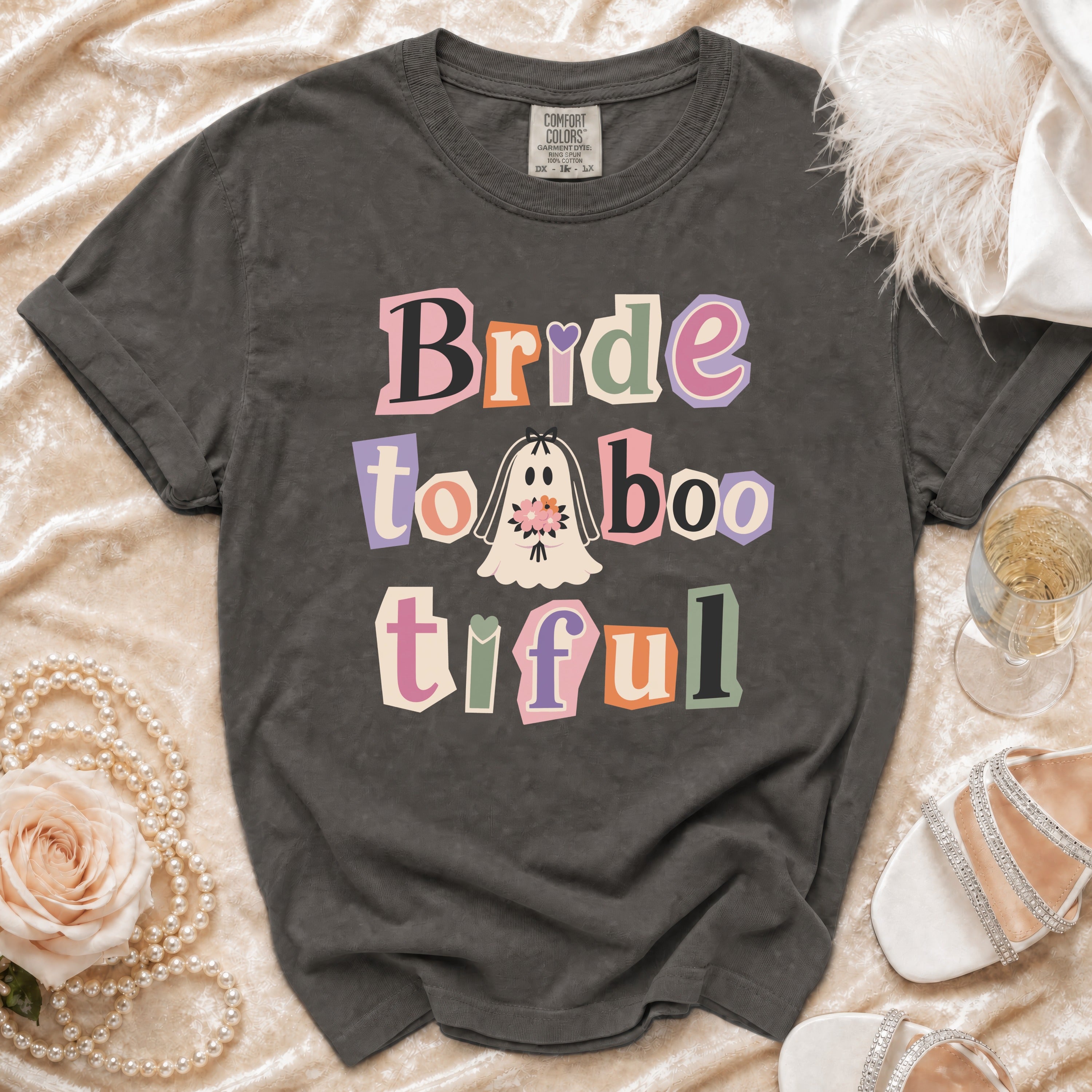 Dark gray t-shirt with "Bride to Boo-tiful" text and a ghost graphic.