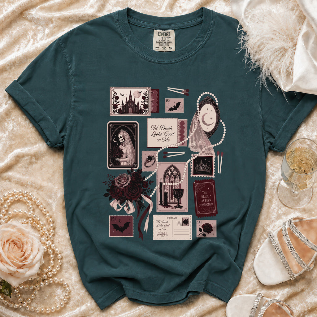 Dark teal t-shirt with gothic wedding and vintage postcard graphics.