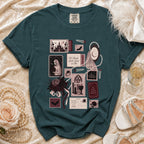 Dark teal t-shirt with gothic wedding and vintage postcard graphics.