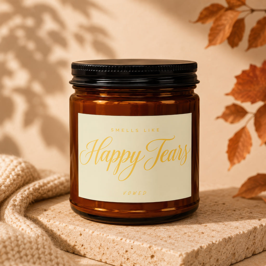 Brown amber candle with "Smells Like Happy Tears, Vowed" text.