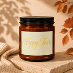 Brown amber candle with "Smells Like Happy Tears, Vowed" text.