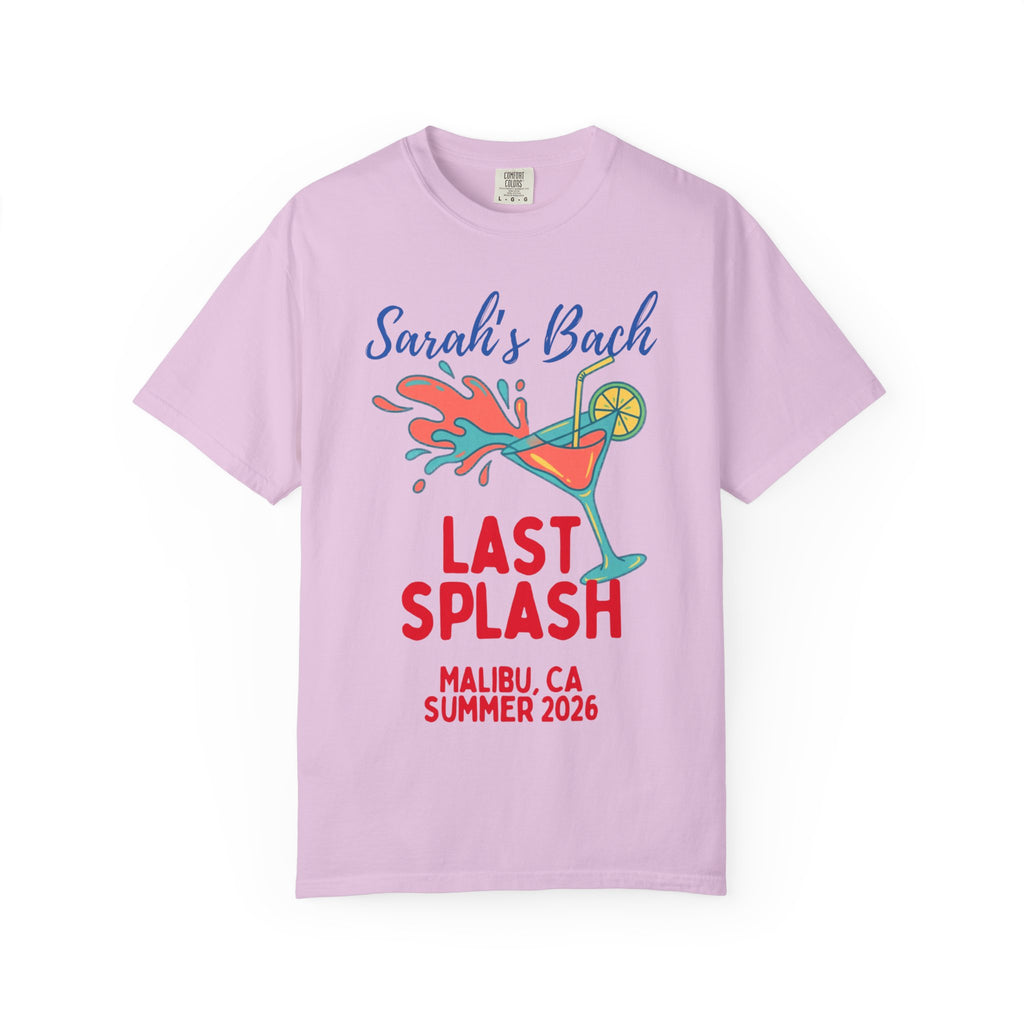 T-shirt design: "Sarah's Bach Last Splash" with a cocktail.