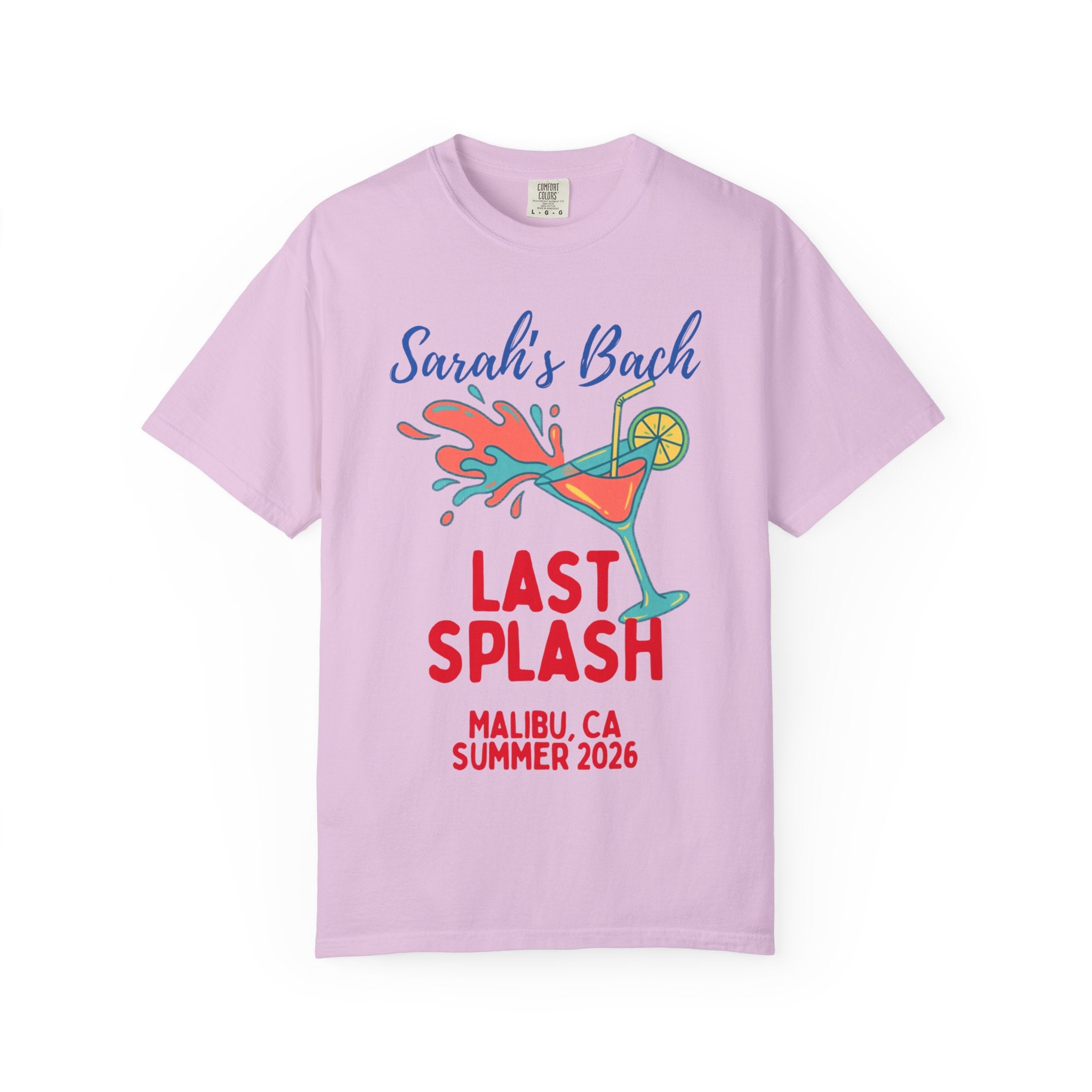 T-shirt design: "Sarah's Bach Last Splash" with a cocktail.