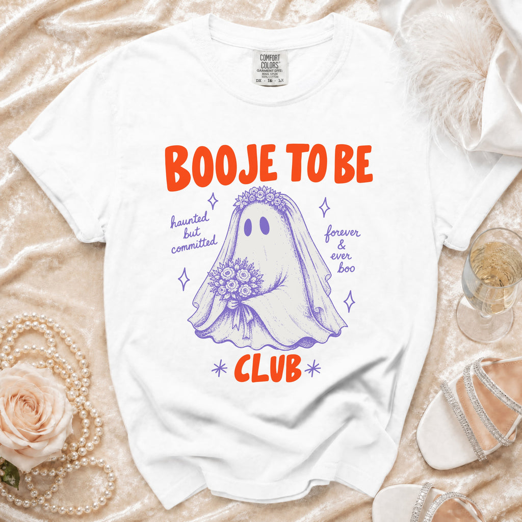 White t-shirt with "Booje To Be" text and a ghost bride graphic.