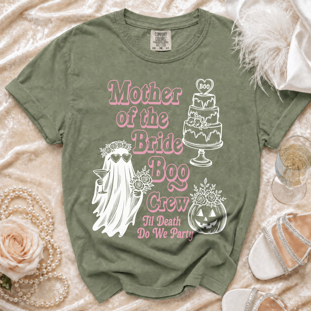 Green t-shirt with "Mother of the Bride Boo Crew 'Til Death Do We Party" text and graphics.