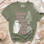 Green t-shirt with "Mother of the Bride Boo Crew 'Til Death Do We Party" text and graphics.