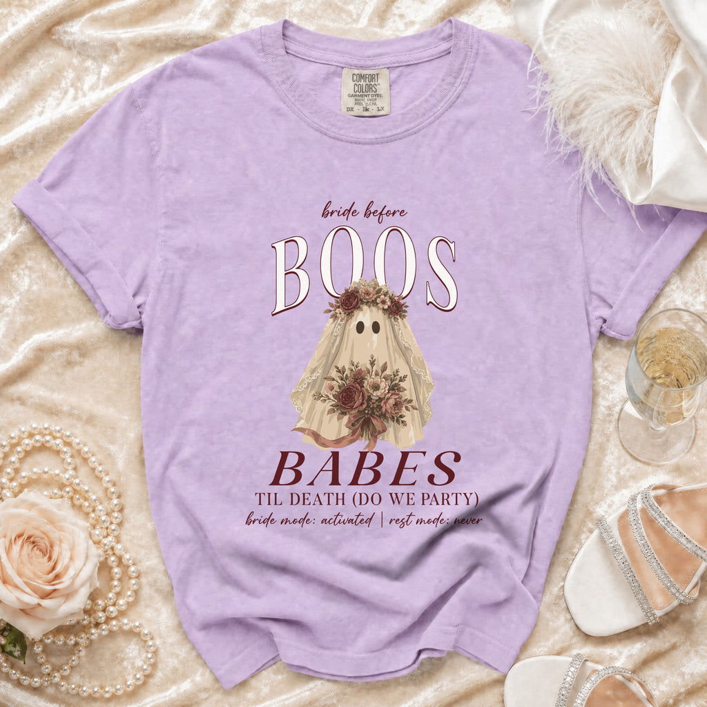 Lavender t-shirt with bride ghost design saying "bride before BOOS BABES TIL DEATH".