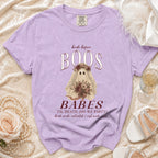 Lavender t-shirt with bride ghost design saying "bride before BOOS BABES TIL DEATH".