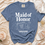 Blue t-shirt with "Maid of Honor," "Emotional Support Human," and wedding planning text.