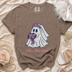 Brown Comfort Colors t-shirt with ghost bride graphic and "I Do... Boo Crew" text.