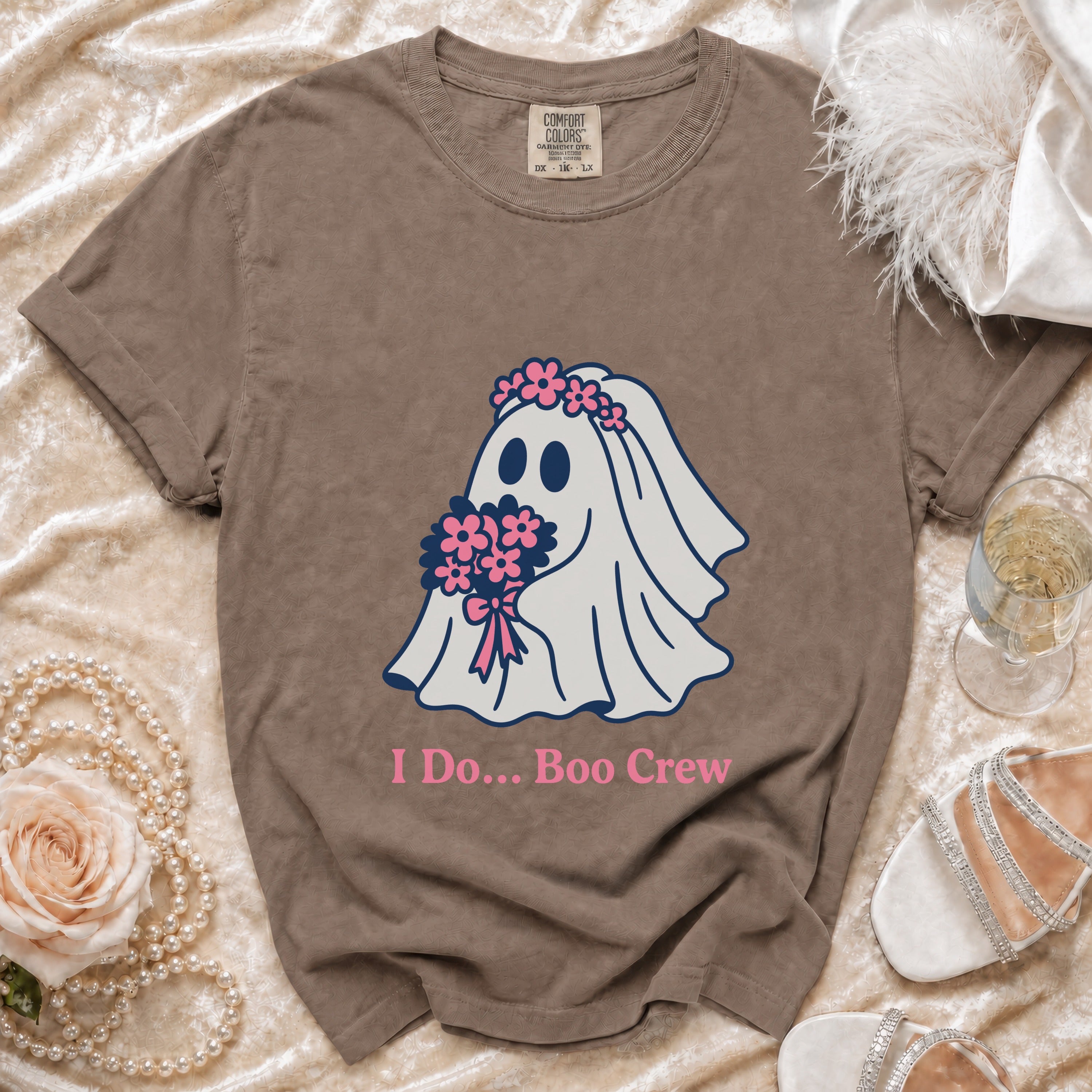 Brown Comfort Colors t-shirt with ghost bride graphic and "I Do... Boo Crew" text.