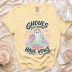 Yellow Comfort Colors t-shirt with "Ghouls Just Wanna Have Vows" ghost bride graphic.