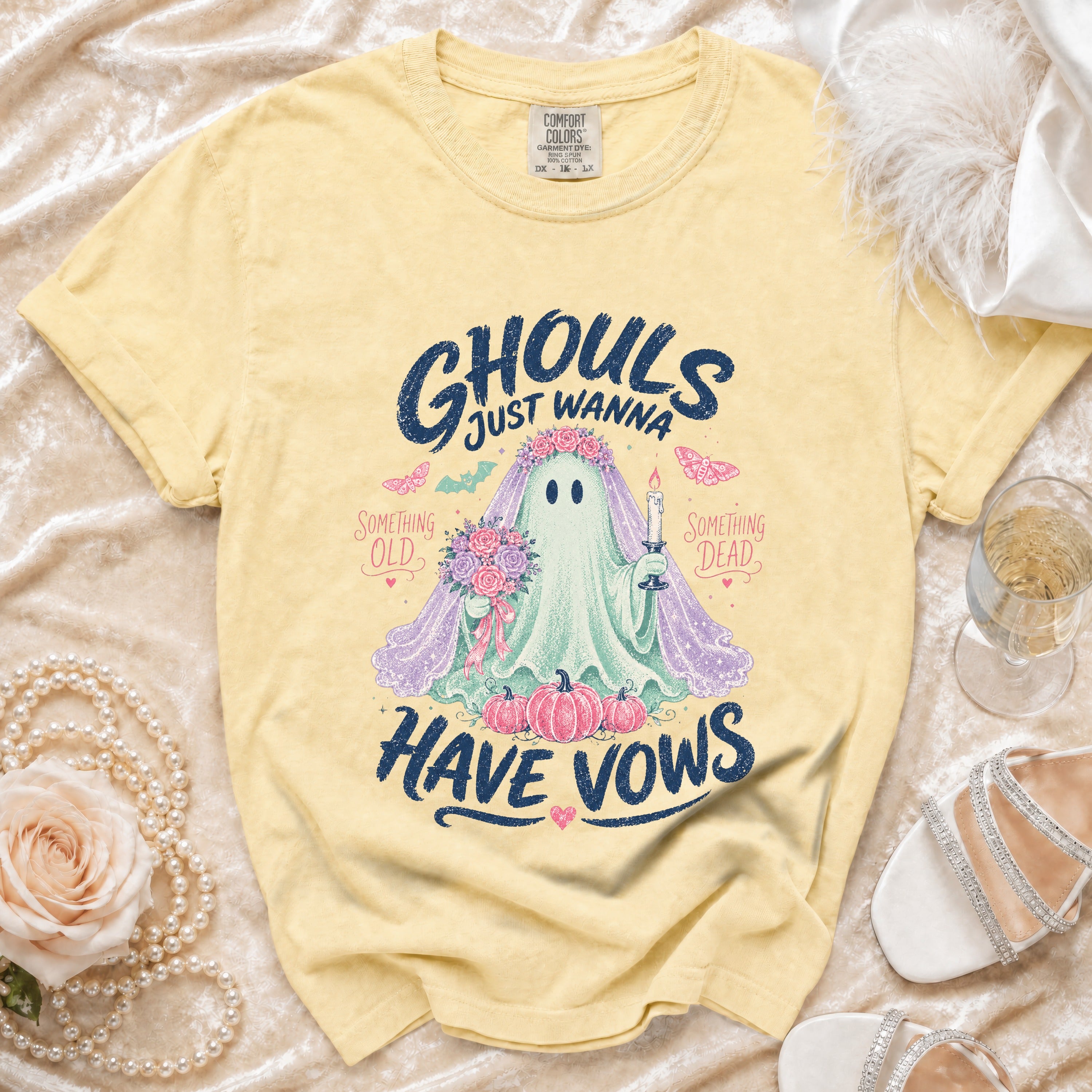 Yellow Comfort Colors t-shirt with "Ghouls Just Wanna Have Vows" ghost bride graphic.