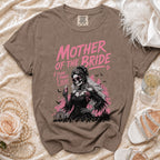 Brown t-shirt with "MOTHER OF THE BRIDE" and skeleton bride graphic.