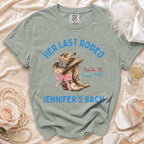 "Her Last Rodeo" text with cowboy hat, boots, and "Jennifer's Bach" text.