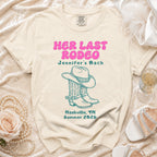 Cream t-shirt with "Her Last Rodeo" and cowboy boots for Jennifer's Bach.
