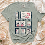 Mint green t-shirt with wedding-themed "maid of honor" stamps.