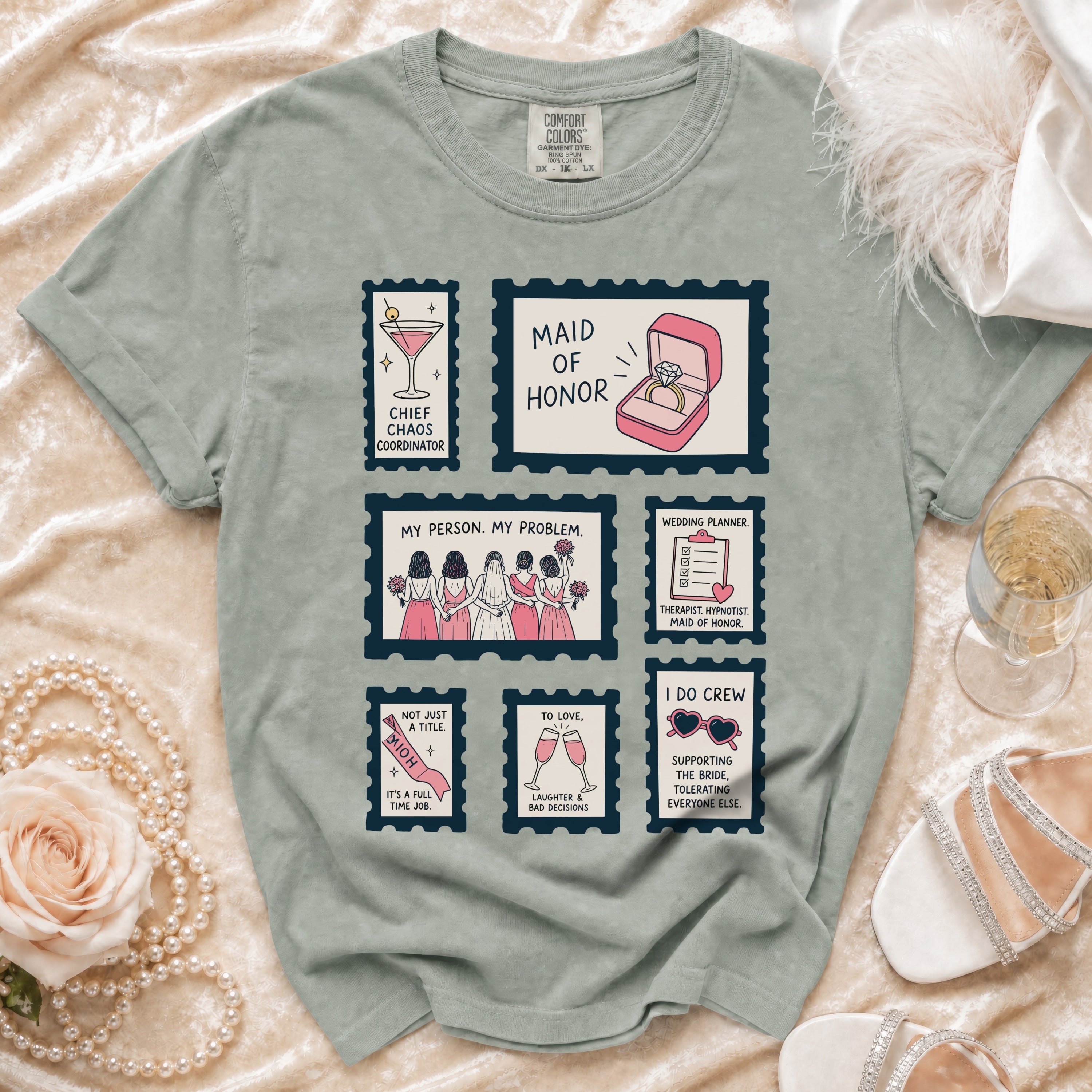 Mint green t-shirt with wedding-themed "maid of honor" stamps.