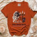 Orange t-shirt with "This Bride Bites" and "Something Wicked Said 'I Do'" text.