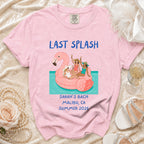 Pink t-shirt with "LAST SPLASH SARAH'S BACH MALIBU, CA SUMMER 2026" text.