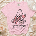 Pink Comfort Colors t-shirt with witch hat, pumpkin, wine glass, and text.