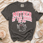 Dark grey t-shirt with "MOTHER OF THE BRIDE to be" text and a ghost graphic.